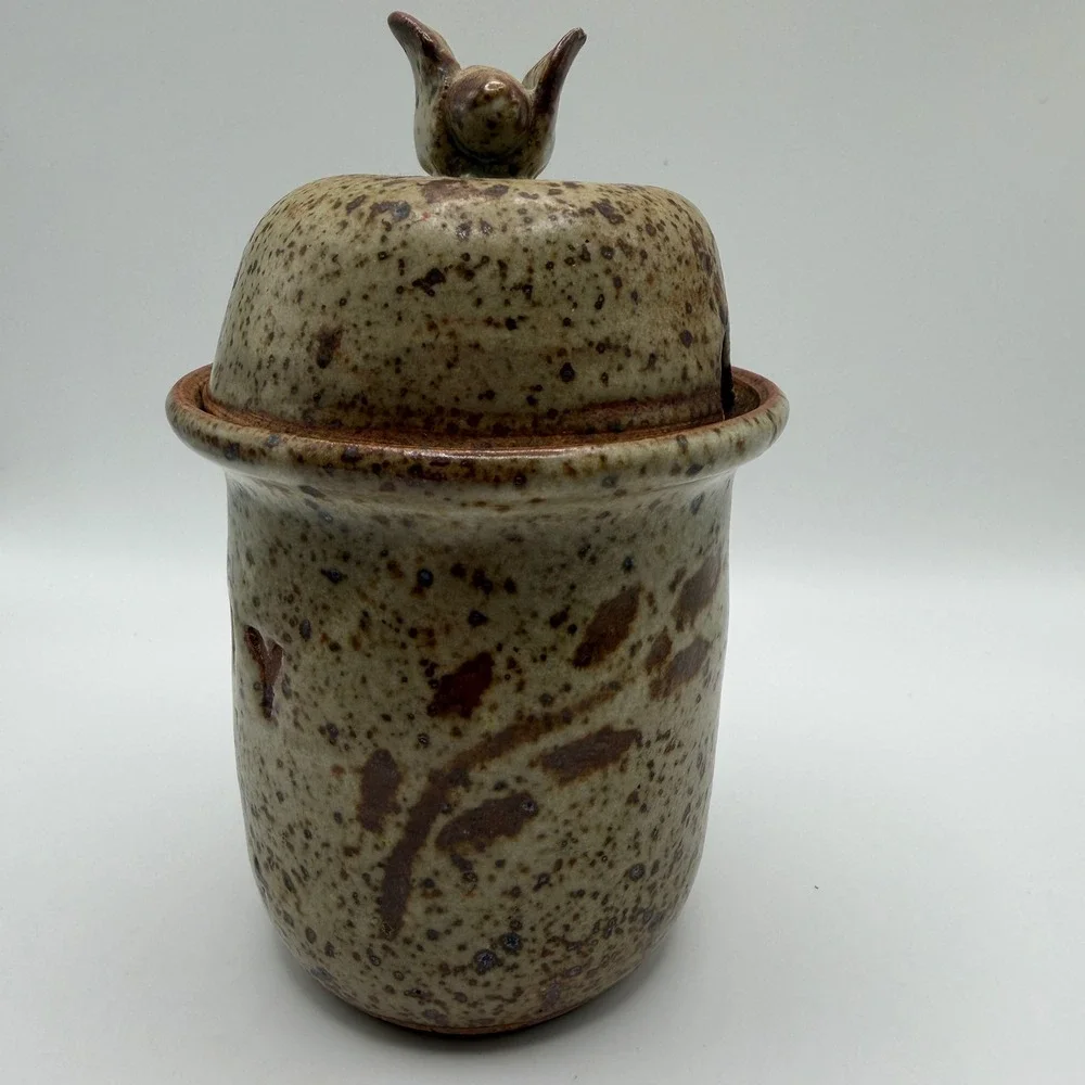 Vintage Studio Pottery Speckled Honey Pot with Lid Brown Tan Stoneware Jar